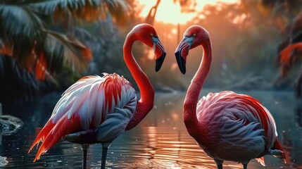 Two pink flamingos. Generative AI.