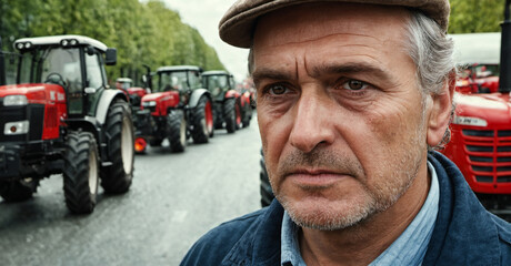 a farmer protests and demonstrates against something, tractors block the streets in a big city, fictional location, angry and angry and disappointed and hopeless - obrazy, fototapety, plakaty