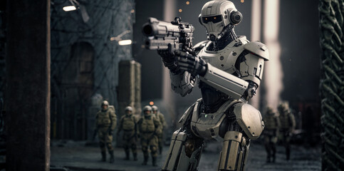 An armed robot with a gun, policeman police or in war as a soldier, metallic armored humanoid android robot with artificial intelligence - obrazy, fototapety, plakaty