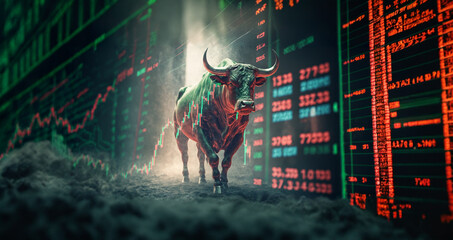 bull market, a green bull powerfully runs through a narrow street, high concentration as a strong will in the eyes of the bull, concept of business and stock market - obrazy, fototapety, plakaty
