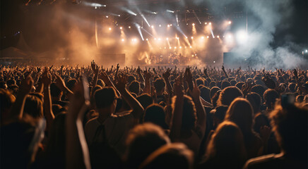 Fototapeta na wymiar A massive crowd cheering around a concert stage. Generative AI.
