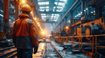Fototapeta premium Professional Heavy Industry Engineer Wearing Safety Uniform and Hard Hat Working in a Metal Manufacture Warehouse. Generative AI.