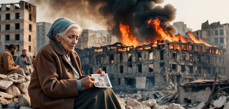 An older woman with gray hair sits on the rubble of a building in a city, has lost someone, war or natural disaster or terror or earthquake, holding a photo of a missing or kidnapped person, fictional