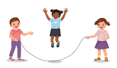 Cute kids children boy and girl playing jumping rope © Tenstudio