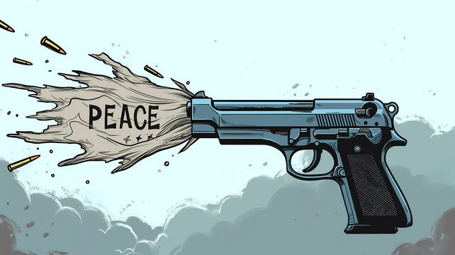 handgun shooting a blast with the word 'Peace' inside in contradictory depiction of "Peace through strength" or offensive military exercises.