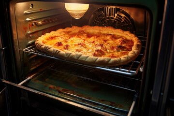 Delicious meat pie in oven, closeup view. The cake is cooked in the oven. close up view of homemade cake. Delicious pie with fruits on baking tray in oven