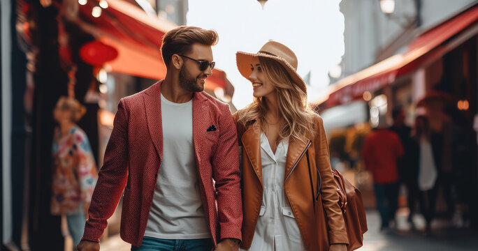 Beautiful Fashion Joyful Young Couple Of Male And Female Shoppers With Bags In Bright Stylish Colors. Generative AI.