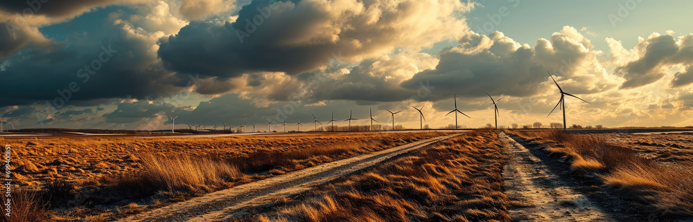 Poster A line of with modern windmills generating electricity. Generative AI.