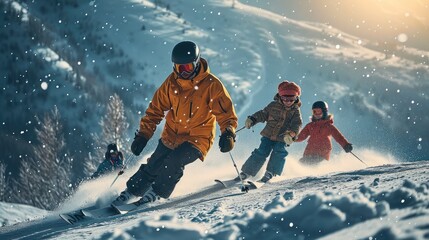 A father on snow board and his two girls skiing down a slope full speed. Generative AI.