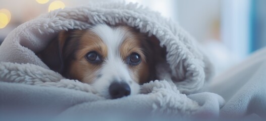 Cute dog peeking out from cozy blanket with warm lights in background. Comfort at home.