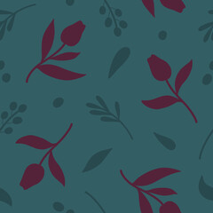 Fototapeta na wymiar Simple tulips seamless pattern. Monochromatic leaves and red flowers on blue background. Floral silhouettes and leaves scattered