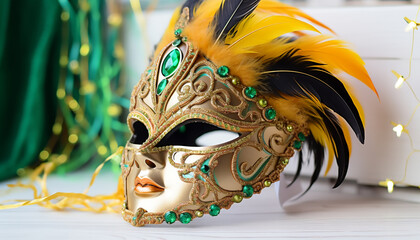 Colorful feathers adorn a mysterious masquerade mask generated by AI