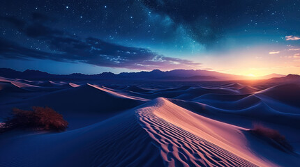 Dark desert with stars, Dark blue and light purple, Smooth curved lines. Generative AI.