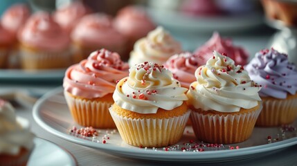 A white plate with cupcakes in various pastel colors. Generative AI.