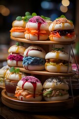Colorful assortment of bao buns at a street food stand, Generative AI