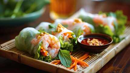 Fresh spring rolls with shrimp and lettuce on bamboo mat. Generative AI.