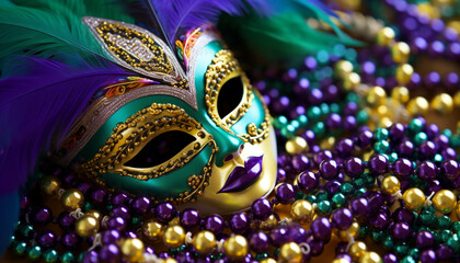 Mardi Gras costume, feather decoration, purple and gold generated by AI