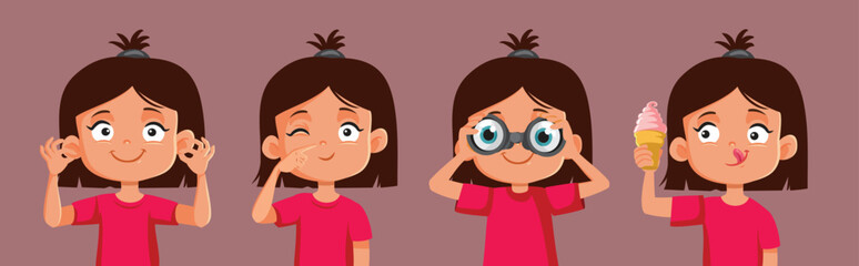 Vector Girl Depicting See, Hear, Smell, taste and Touch Senses. Cheerful little child depicting the five senses in different ways
