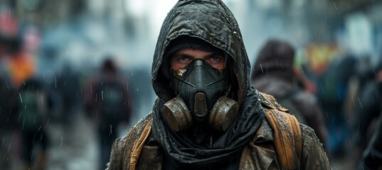 Gas masked adult man with blurred post apocalypse scene background. Generative AI technology.	
 - obrazy, fototapety, plakaty