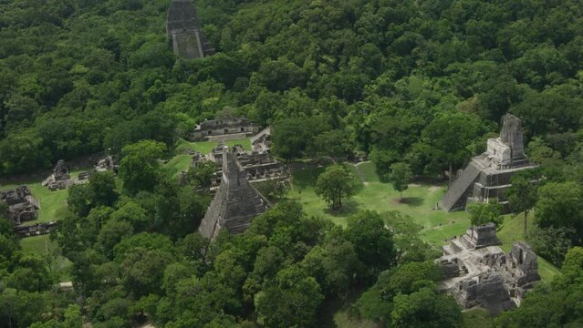 Pyramids and ruins of Tikal national park in Guatemala - Wide Aerial Shot