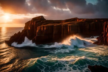 Waves crashing against rugged cliffs as the sun sets, casting a warm glow on the ocean's surface and the rocky shoreline