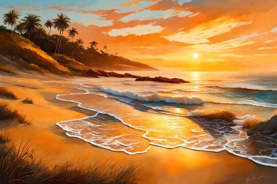 A secluded beach with golden sands and gentle waves meeting the shore as the sun rises, painting the horizon with warm hues
