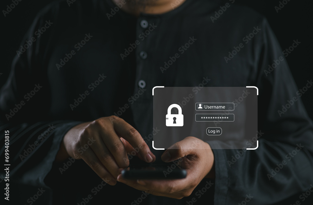 Poster User privacy security and encryption, Cybersecurity concept, secure internet access Future technology and cybernetics, screen padlock. Internet network data protection, anti hacker, cybercrime