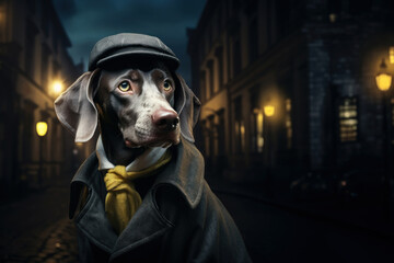 Smart weimaraner dog detective in a raincoat and cap in old city 1860 at night. Animal in clothers - obrazy, fototapety, plakaty
