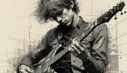 A young boy playing the electric guitar on a grunge background. Digital painting.