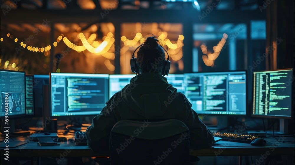 Poster A person sitting in front of multiple computer monitors lit up with code. Generative AI.