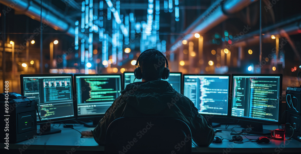 Fototapete A person sitting in front of multiple computer monitors lit up with code. Generative AI.