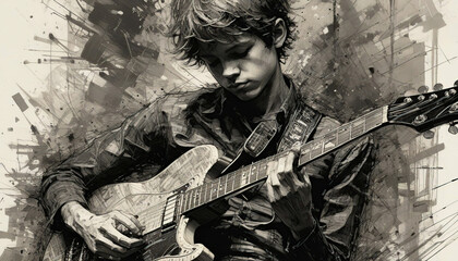 A young boy playing the electric guitar on a grunge background. Digital painting.