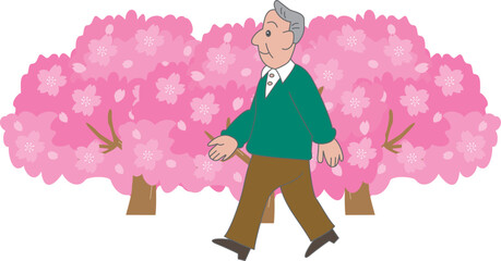 桜並木を歩く男性
