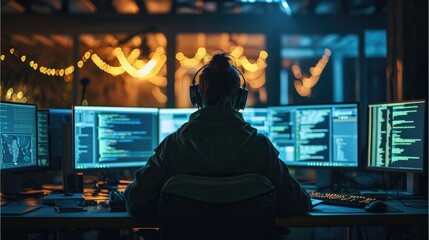 A person sitting in front of multiple computer monitors lit up with code. Generative AI.