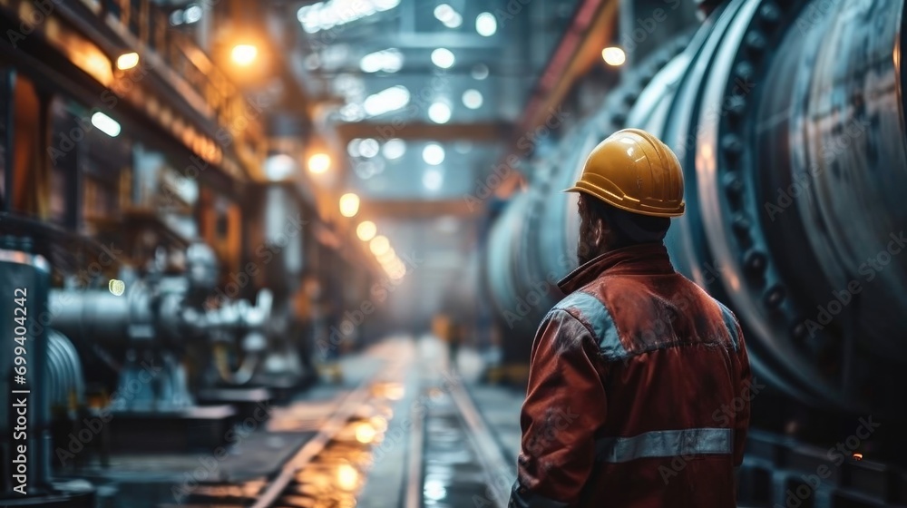 Aufkleber worker wearing a hard hat stands in focus while the big air compressor running inside factory. gener