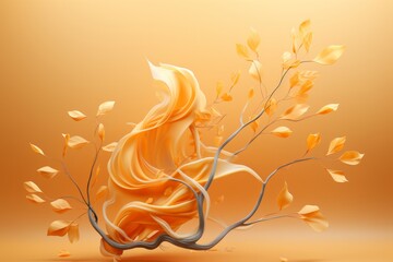 Mischievous Cloud Blowing Wind with Leaves, on an isolated Amber background, Generative AI