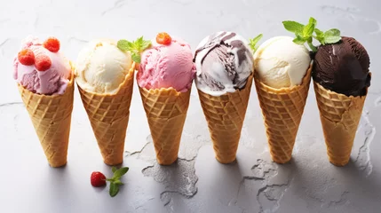 Foto auf Alu-Dibond strawberry, vanilla, chocolate ice cream woth waffle cone on marble stone backgrounds Generative AI © Fuji