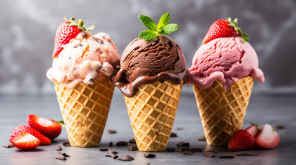 strawberry, vanilla, chocolate ice cream woth waffle cone on marble stone backgrounds Generative AI