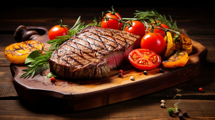 Succulent thick juicy portions of grilled fillet steak served with tomatoes. Generative AI