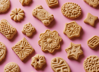 A variety of cookies on a pink background