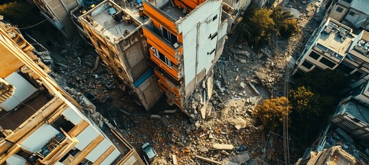 Building destroyed after earthquake. Generative AI technology.