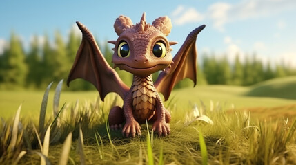 Super cute brown little baby dragon with big eyes and wings. Generative AI - obrazy, fototapety, plakaty
