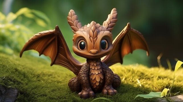 Super cute brown little baby dragon with big eyes and wings. Generative AI