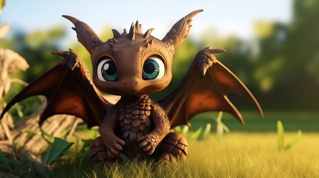 Super cute brown little baby dragon with big eyes and wings. Generative AI