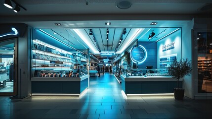 A blue front of the retail store. Generative AI. - obrazy, fototapety, plakaty