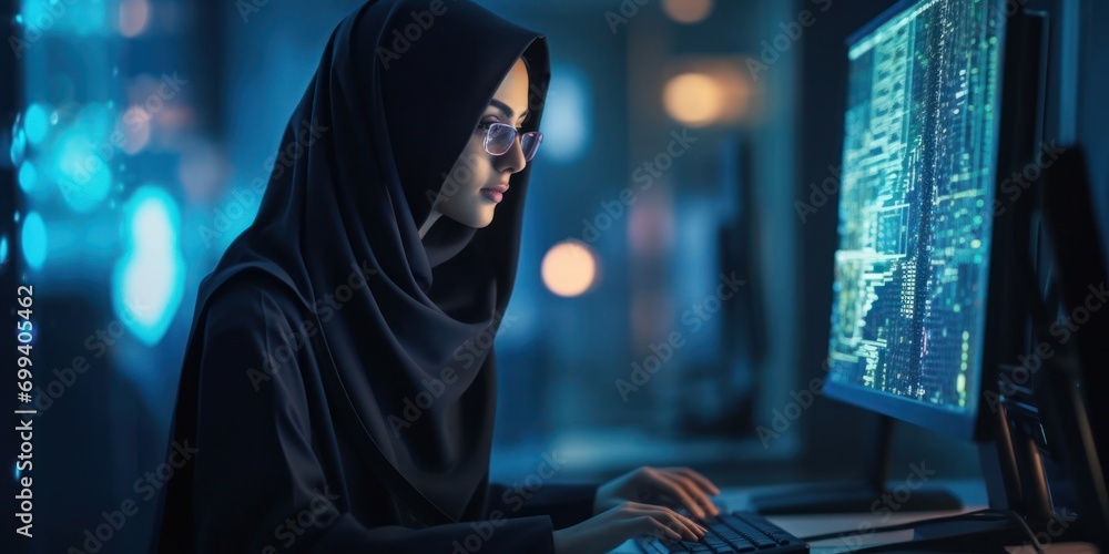 Poster arabic woman computer programmer profession career attractive setting generative ai