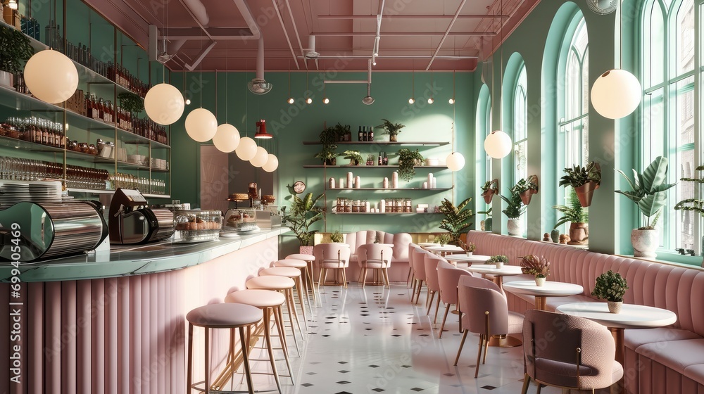 Poster A dessert bar with pastel walls and a bakery, Modern style. Generative AI.