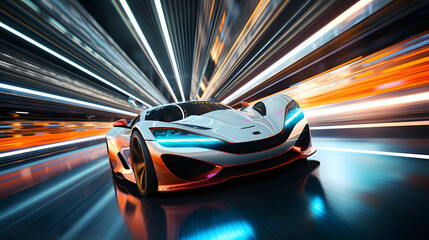 a white concept futuristic sports car in motion with lights