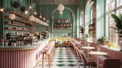 Fototapeta na wymiar A dessert bar with pastel walls and a bakery, Modern style. Generative AI.