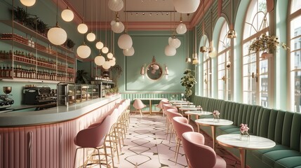 A dessert bar with pastel walls and a bakery, Modern style. Generative AI.